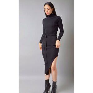 Black Side Slit Ribbed Knit Bodycon Sweater Dress